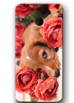Женский чехол для HTC One с цветами и собачкой