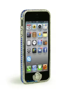 iPhone 5 бампер NEWSH украшенный синими стразами, серебряный