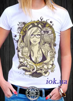 Крутая, яркая летняя футболка c совой и девушкой в очках, Owl and Girl,  на пода