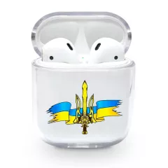 Чехол для AirPods 1/2 с стильной картинкой - Желто голубой прапор Украины и Герб