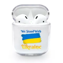 Украинский чехол для AirPods 1/2 с патриотической картинкой - Флаг Украины и лозунг "We stand with Ukraine"