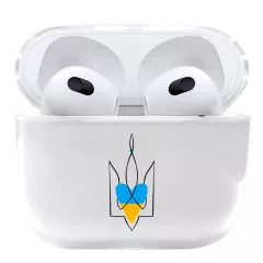 Пластиковый прозрачный чехол для беспроводных наушников  AirPods 3 с красивой картинкой - Тризуб и желто голубое сердце