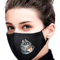 Черная маска для лица - Енот с кофе