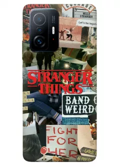 Бампер для Сяоми 11Т из силикона - Очень странные дела Stranger Things постер с названием в стиле колажа из фото