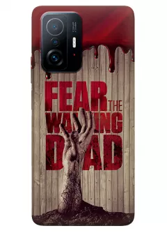 Наладка для Сяоми 11Т из силикона - Ходячие мертвецы The Walking Dead кровавый постер с названием и рукой зомби в деревянном стиле