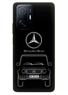 Чехол для Xiaomi 11T Pro из силикона - Mercedes-Benz Мерседес-Бенц Мерс логотип и автомобиль машина G-Class G-Класс вектор-арт кроссовер внедорожник с номерным знаком на черном фоне черный чехол