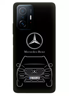 Чехол для Xiaomi 11T Pro из силикона - Mercedes-Benz Мерседес-Бенц Мерс логотип и автомобиль машина GL GLA GLB GLC GLE GLS вектор-арт кроссовер внедорожник с номерным знаком на черном фоне черный чехол