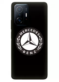 Чехол для Xiaomi 11T Pro из силикона - Mercedes-Benz Мерседес-Бенц Мерс белый ретро логотип крупным планом вектор-арт на черном фоне черный чехол (Чехол 1)