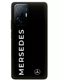 Бампер для Xiaomi 11T Pro из силикона - Mercedes-Benz Мерседес-Бенц Мерс классический логотип и название крупным планом на черном фоне черный чехол