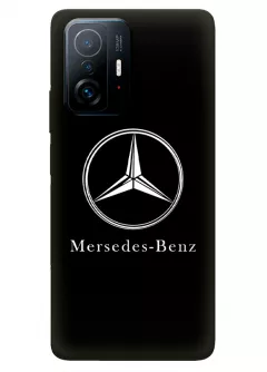Бампер для Xiaomi 11T Pro из силикона - Mercedes-Benz Мерседес-Бенц Мерс классический логотип крупным планом и название на черном фоне черный чехол