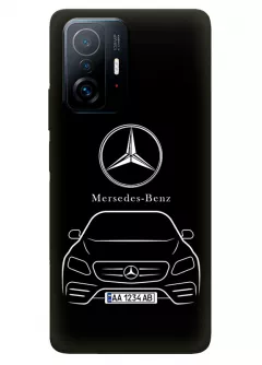 Бампер для Xiaomi 11T Pro из силикона - Mercedes-Benz Мерседес-Бенц Мерс логотип и автомобиль машина A/B/C/CLA/CL/CLK/CLS/E/S/SL/SLC/SLK-Class вектор-арт купе седан с номерным знаком на черном фоне черный чехол (Чехол 2)