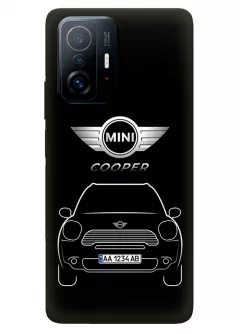 Бампер для Xiaomi 11T Pro из силикона - Mini Мини логотип и автомобиль машина Cooper вектор-арт с номерным знаком на черном фоне черный чехол