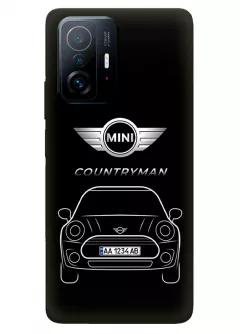 Бампер для Xiaomi 11T Pro из силикона - Mini Мини логотип и автомобиль машина Countryman вектор-арт с номерным знаком на черном фоне черный чехол