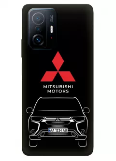 Бампер для Xiaomi 11T Pro из силикона - Mitsubishi Мицубиси Митсубиши логотип и автомобиль машина ASX Outlander Pajero Sport Challenger Montero вектор-арт кроссовер внедорожник с номерным знаком на черном фоне черный чехол