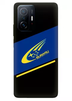 Сяоми 11Т Про чехол из силикона - Subaru Субару желтый логотип на фоне синей ленты на черном фоне черный чехол