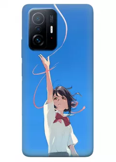 Чехол для Сяоми 11Т Про из силикона - Твое имя Your Name Мицуха Миямидзу пускает мечту в мир синий чехол