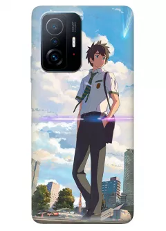 Чехол для Сяоми 11Т Про из силикона - Твое имя Your Name мечтательный взгляд Таки Татибана на улице города