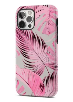 iPhone 12 Pro гибридный противоударный чехол с картинкой - Розовые листья
