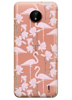 Nokia C20 прозрачный силиконовый чехол с принтом - Розовые фламинго