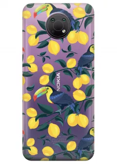 Nokia G10 прозрачный силиконовый чехол с принтом - Туканы и лимоны