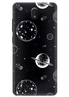 Силиконовый бампер на Нокия С01 Плюс с черно-белым принтом планет