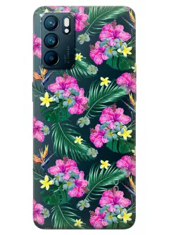 OPPO Reno 6 5G прозрачный силиконовый чехол с принтом - Тропические цветы