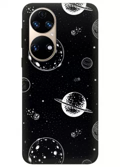 Силиконовый бампер на Хуавей П50 с черно-белым принтом планет