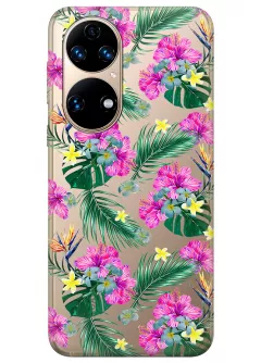 Хуавей П50 прозрачный силиконовый чехол с принтом - Тропические цветы