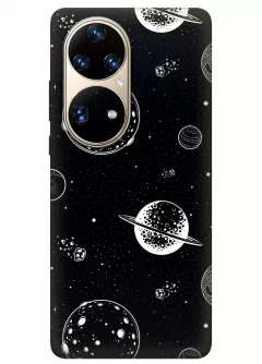 Силиконовый бампер на Хуавей П50 Про с черно-белым принтом планет