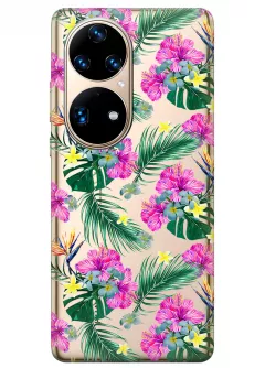Хуавей П50 Про прозрачный силиконовый чехол с принтом - Тропические цветы