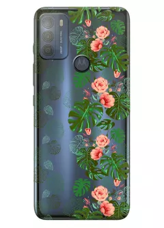 Motorola G50 прозрачный силиконовый чехол с принтом - Тропические листья