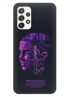 Бампер для Samsung Galaxy A32 из силикона - Очень странные дела Stranger Things фиолетовый силуэт лица Одиннадцать Милли Бобби Браун черный чехол