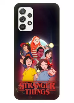 Бампер для Samsung Galaxy A32 из силикона - Очень странные дела Stranger Things постер с Одиннадцать Милли Бобби Браун и главными героями в мультяшном стиле