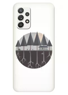 Бампер для Samsung Galaxy A32 из силикона - Очень странные дела Stranger Things круглый логотип в стиле леса с домиком вектор-арт белый чехол