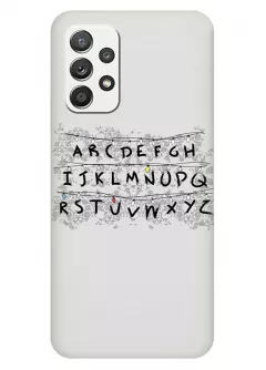 Бампер для Samsung Galaxy A32 из силикона - Очень странные дела Stranger Things черный алфавит с гирляндами серый чехол