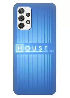 Чехол для Samsung A32 из силикона - Доктор Хаус House M.D. неоновый белый логотип синий чехол
