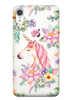 Чехол на iPhone XR для девочек - Единорог в цветах