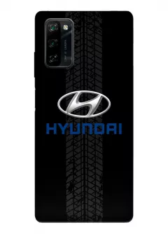 Blackview A100 чехол из силикона - Hyundai Хендай Хюндай классический логотип с синим названием и следы шин колеса