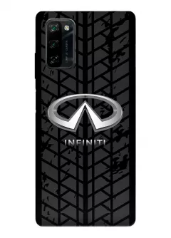 Blackview A100 чехол из силикона - Infiniti Инфинити классический логотип крупным планом и следы шин колеса