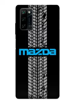 Чехол для Blackview A100 из силикона - Mazda Мазда синее название крупным планом и следы шин колеса вектор-арт