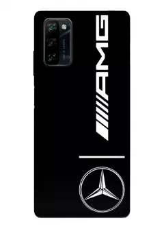 Бампер для Blackview A100 из силикона - Mercedes-Benz Мерседес-Бенц Мерс белый логотип и AMG и название крупным планом вектор-арт
