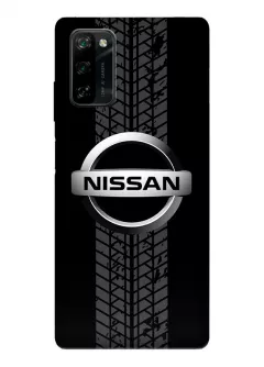Наладка для Blackview A100 из силикона - Nissan Ниссан классический логотип крупным планом и следы шин колеса