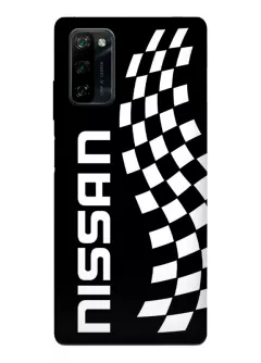 Наладка для Blackview A100 из силикона - Nissan Ниссан белое название крупным планом и флаг финиша вектор-арт