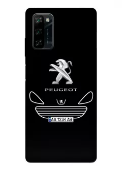 Наладка для Blackview A100 из силикона - Peugeot Пежо классический логотип крупным планом с номерным знаком и передней частью кузова (Дизайн 1)