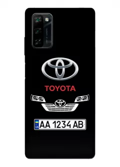 Чехол для Блеквью А100 из силикона - Toyota Тойота классический логотип крупным планом с номерным знаком и передней частью кузова