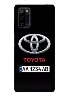 Чехол для Блеквью А100 из силикона - Toyota Тойота классический логотип крупным планом с номерным знаком и названием