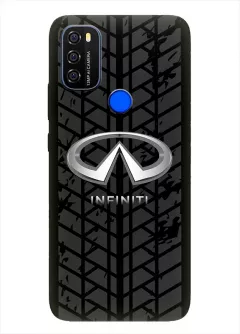 Blackview A70 чехол из силикона - Infiniti Инфинити классический логотип крупным планом и следы шин колеса