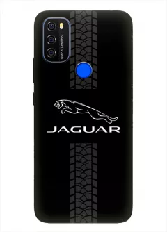 Чехол для Blackview A70 из силикона - Jaguar Ягуар белый логотип крупным планом и следы шин колеса