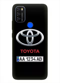 Чехол для Блеквью А70 из силикона - Toyota Тойота классический логотип крупным планом с номерным знаком и названием
