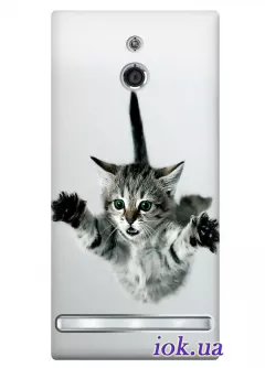 Серый чехол с котом для Sony Xperia P